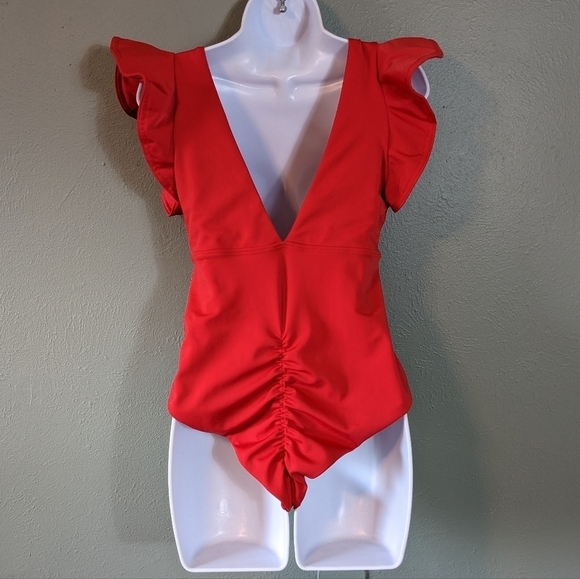 Vintage Red Belted Ruffle One Piece Swim Size M - Picture 3 of 11